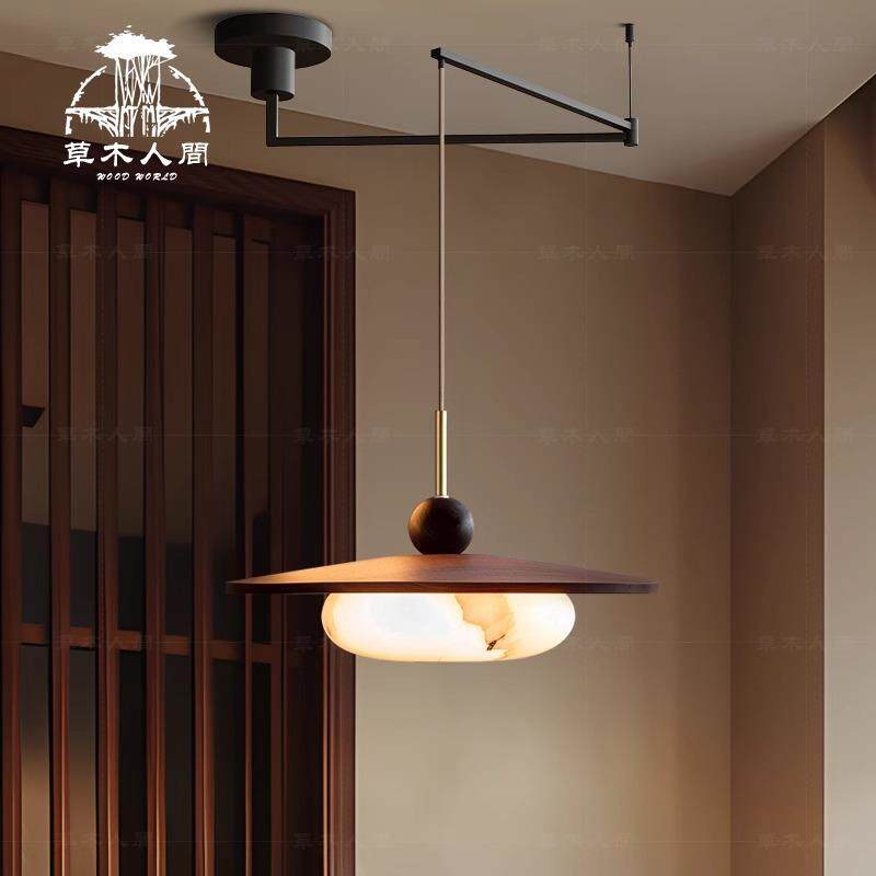 摇臂可移位餐厅吊灯中古风餐桌灯白蜡木复古创意高级云石艺术灯具