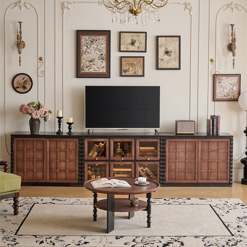中古风巧克力电视柜法式覆古实木电视柜储物柜小户型客厅落地柜子