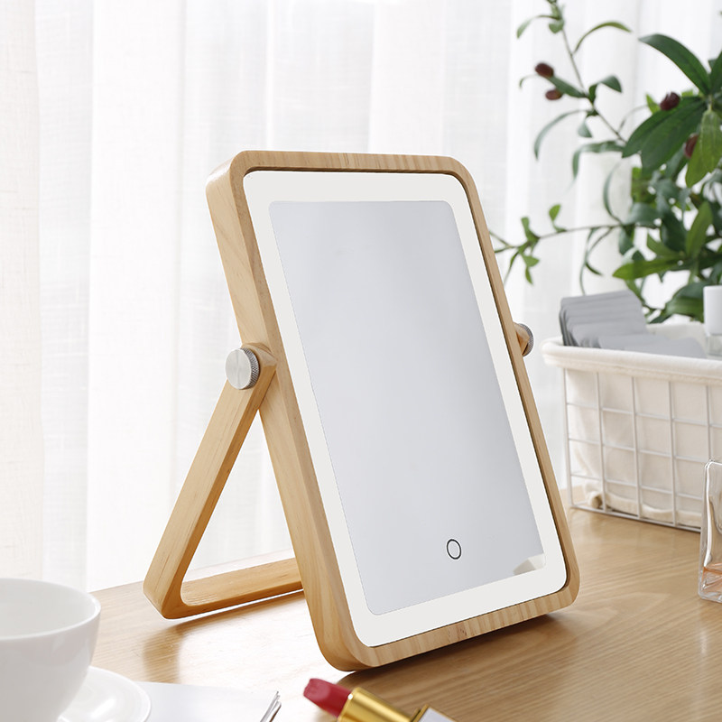 实木质LED台式化妆镜 可折叠充电带灯桌面梳妆镜子女生宿舍补光镜