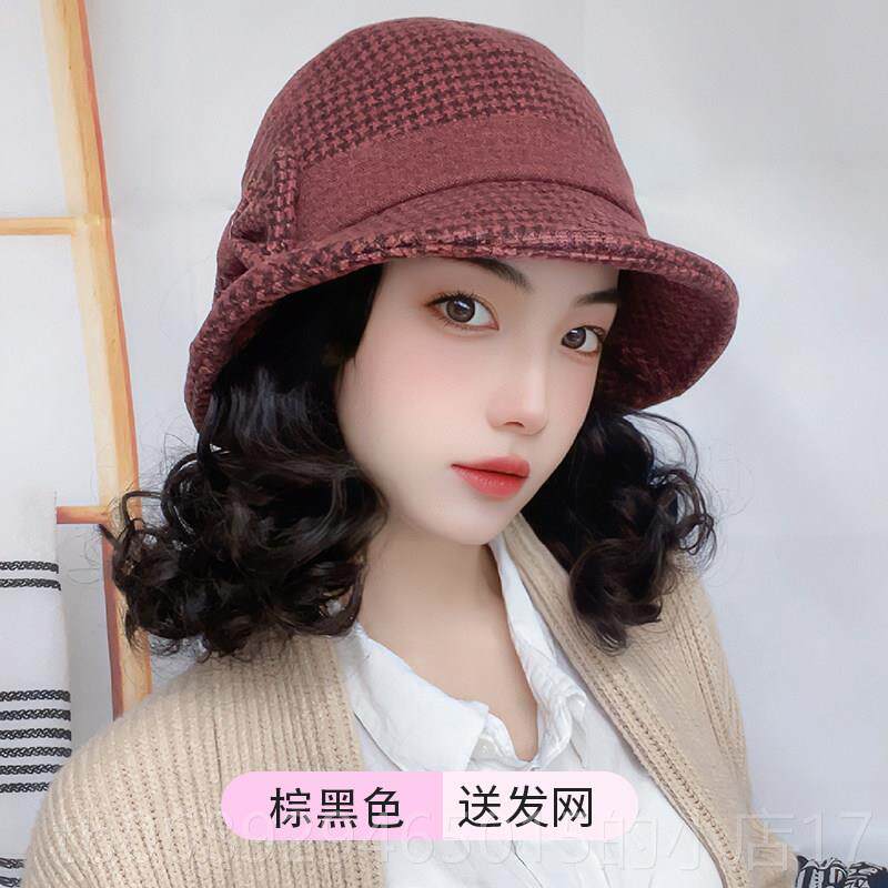 正品假发带帽子盆帽女冬时季尚短发头一体礼帽冬天发非真发妈妈中
