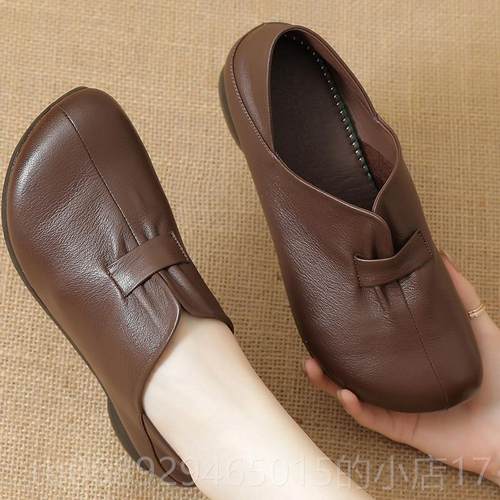 正品妈秋冬款族风古名原创真皮软底复皮鞋加绒女鞋两穿低跟软皮妈