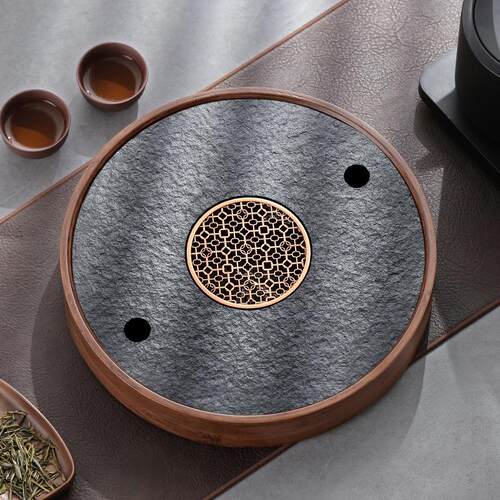2024新款圆形功夫茶干泡台储水式家用小茶台茶新品乌金石茶盘小型