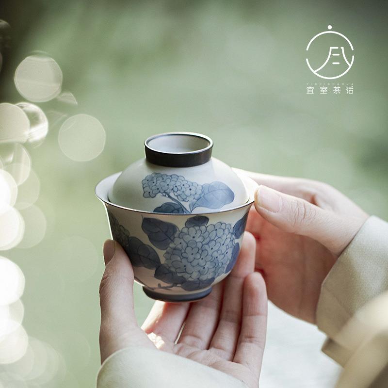 宜室茶话 仿古手绘绣球花陶瓷盖碗 文人茶器泡茶碗杯功夫茶具茶碗图片