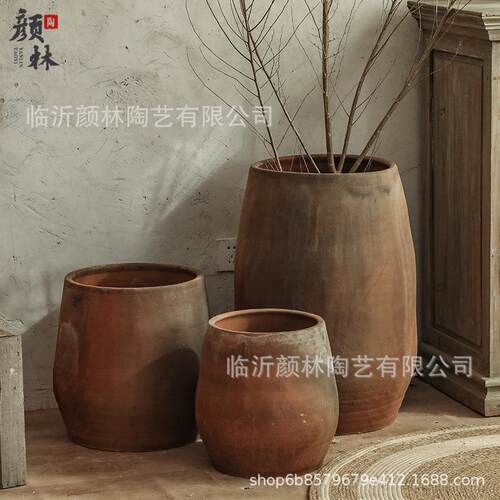 复古色陶盆侘寂风花盆土陶盆粗陶瓶民宿装饰陶盆花瓶落地大花盆