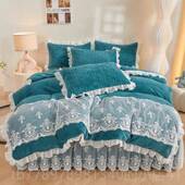 高档公主夹棉床裙风四件套加厚水晶绒保暖双绒珊米瑚绒面1.8x21.5