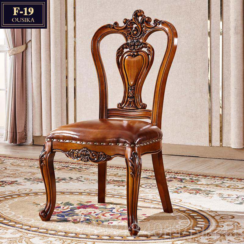 高档粤港家木具欧式真皮餐椅美式全实子雕花书椅椅餐厅房书靠背休