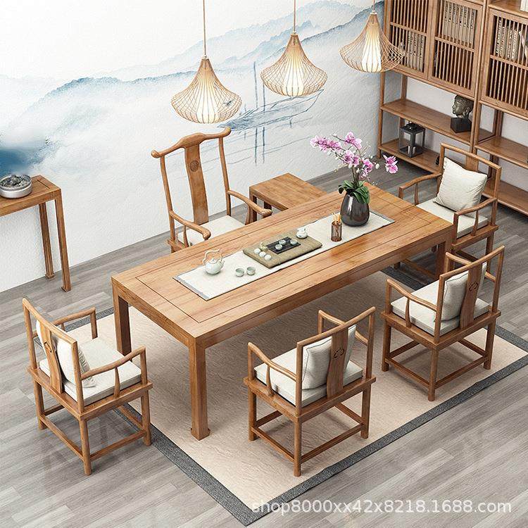 新中式实木茶桌办公室会客桌椅家用功夫茶台榆木茶桌马蹄桌组合