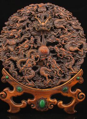 古玩杂项工艺品黄杨木雕刻镶嵌宝石仿古九龙屏风家居摆饰