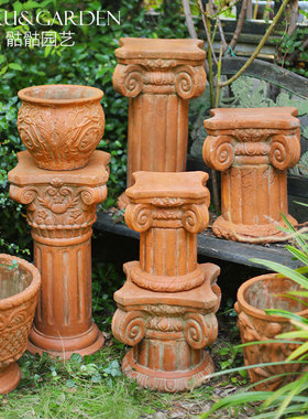 欧式罗马柱复古做旧仿红陶别墅客厅装饰摆件花园园艺花盆圆柱底座