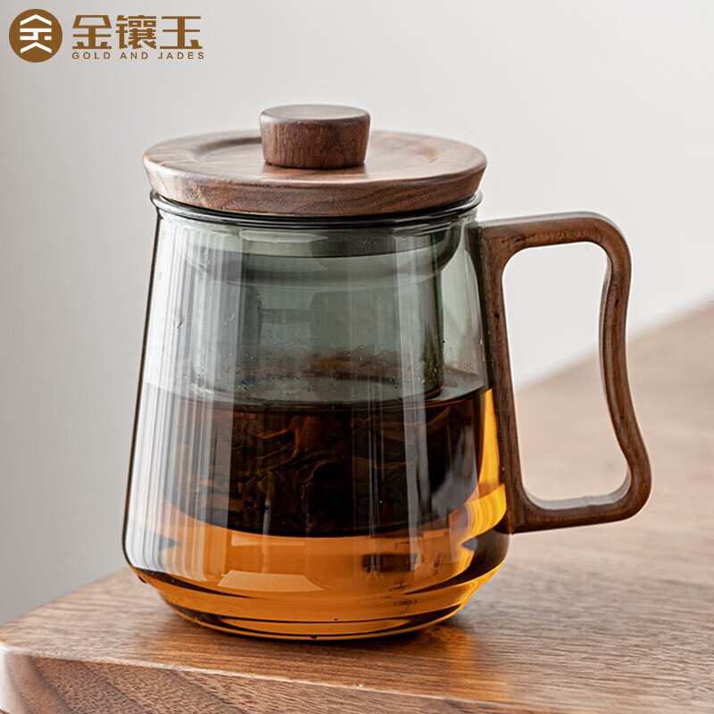 金镶玉 玻璃茶杯 高硼硅耐高温木把玻璃杯马克杯 墨色玻璃办公杯