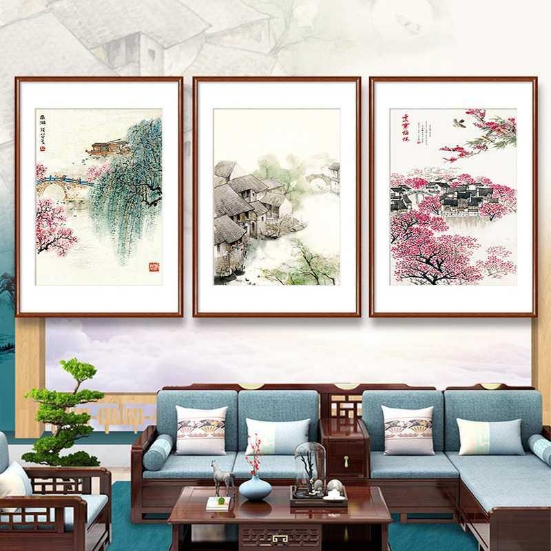 江南水乡客厅沙发背景墙装饰画餐厅山水画玄关壁画走廊挂画免打孔