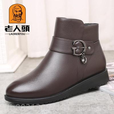 正品暖老人头女闲鞋妈妈鞋真短靴女保加绒高帮棉皮鞋女休中老年奶