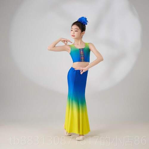 正品儿舞蹈演出服民族童孔雀舞鱼尾裙半服身裙表演童包女臀舞蹈练