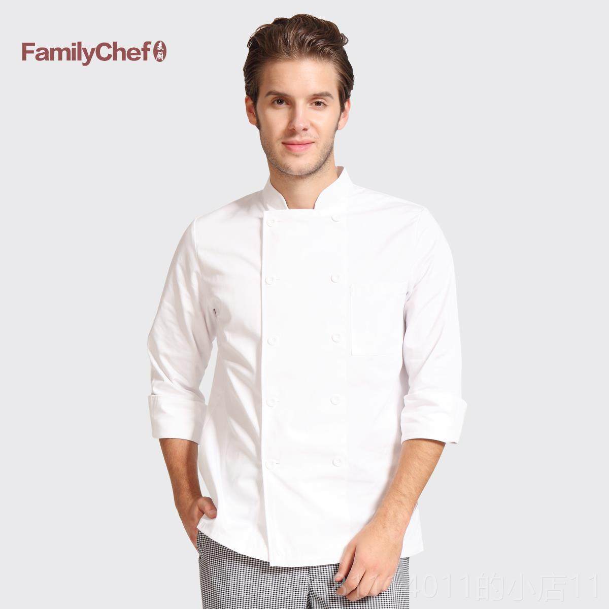 高档厨师制服秋冬袖纯白厚制工服单长排扣涤棉男厨短师秋冬女袖作