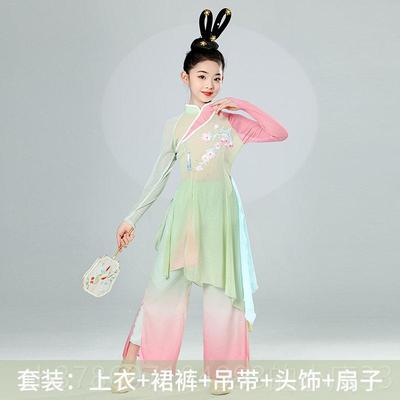 新款儿童古典女童出演服飘逸纱衣练舞功装服中国风舞蹈渐变服扇子