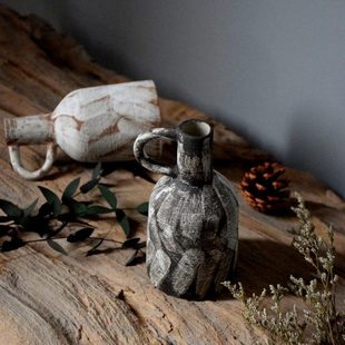 日式侘寂风提壶花瓶手工化妆土复古陶瓷花器摆件书房餐桌干花花插