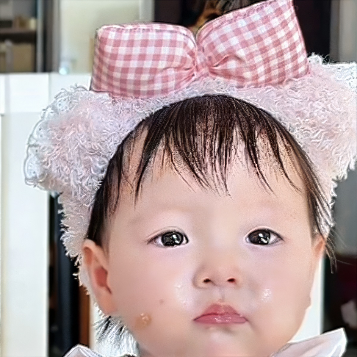 可爱粉色格子蝴蝶结蕾丝发箍