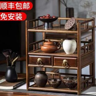 中式实木桌面博古架收纳茶具茶杯茶壶置物架带抽屉收纳架展示架