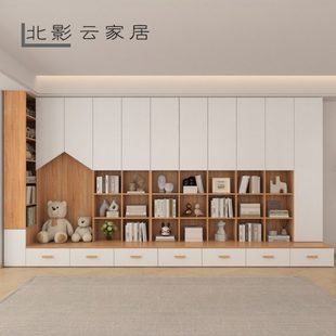 客厅卡座书柜一体墙柜书橱组合去客厅化儿童书架带侧柜背景柜储物