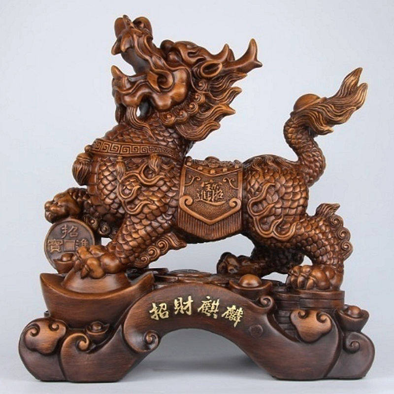 麒麟摆件一对家居客厅电视柜木纹树脂工艺品摆设店面开业招财树