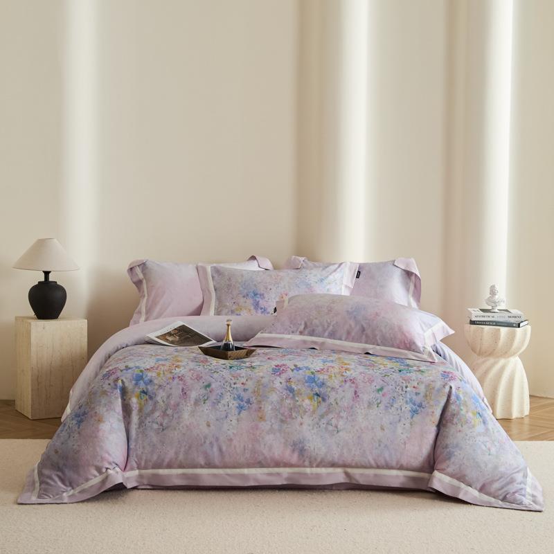 美式轻奢高端长绒禾时棉四件套数印花双边全棉码纯棉用床上拼品床