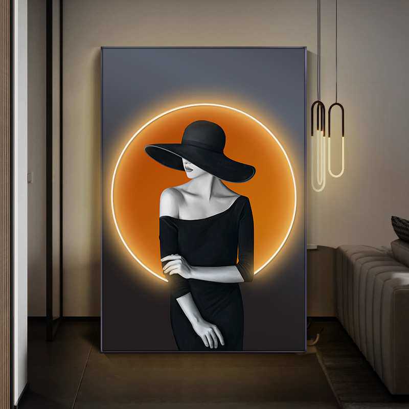 后现代帽子人物装饰画led灯画大尺寸玄关走廊过道挂画客厅大壁画