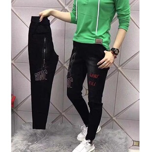 休闲显瘦老爹裤 饰拉链刺绣哈伦裤 子 女秋冬加绒装 黑色高弹力牛仔裤