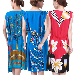 人造棉睡裙夏季薄款女士连衣裙绵绸妈妈中老年睡衣宽松大码家居服