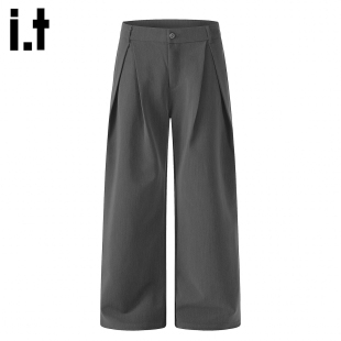 cleanfit垂感宽松休闲裤 it：fivecm高级感灰色打褶弯刀西裤 男春季