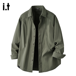 宽松百搭休闲长袖 男春季 衬衣外套 风翻领军绿色衬衫 it：fivecm美式