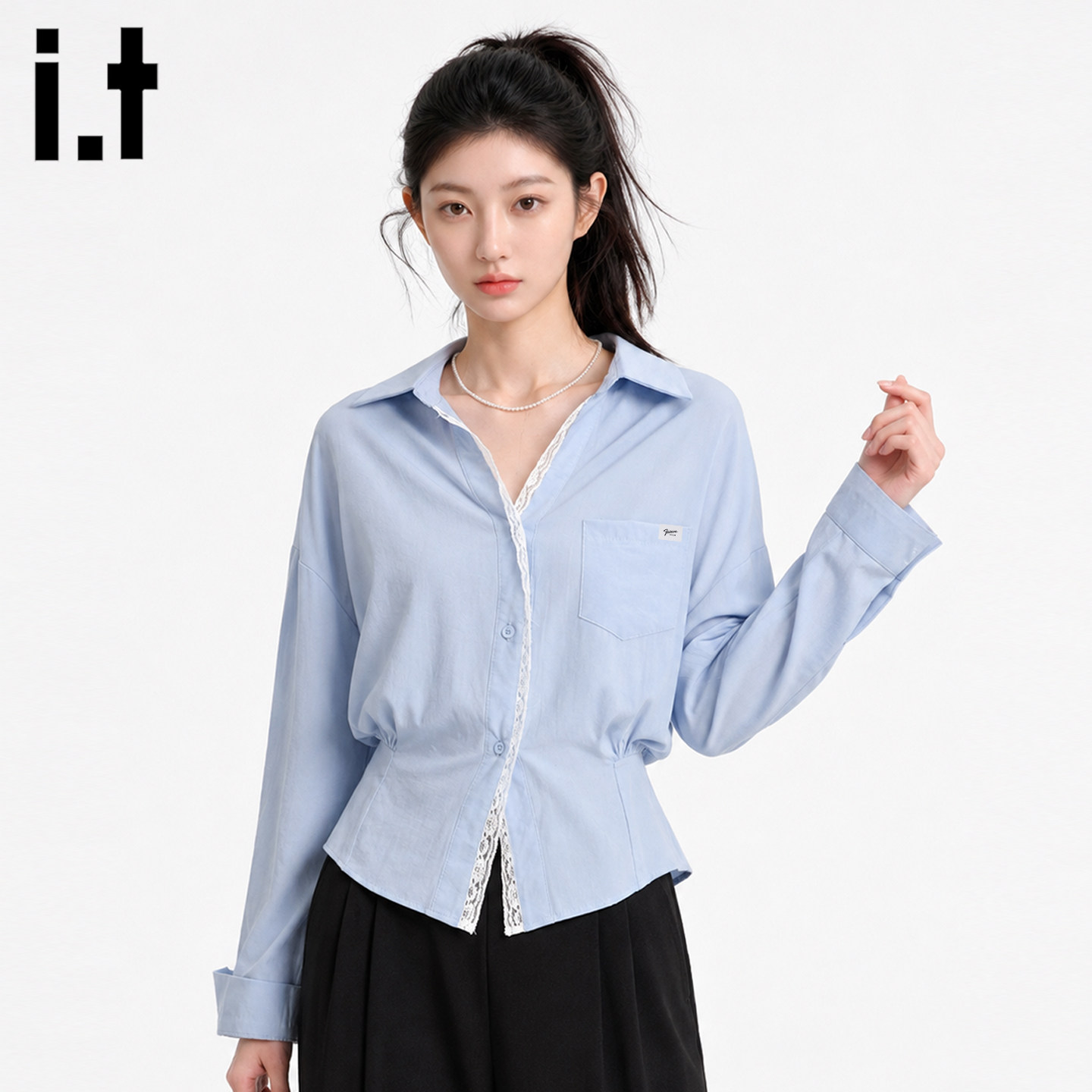 it韩系蓝色蕾丝显瘦长袖衬衫女