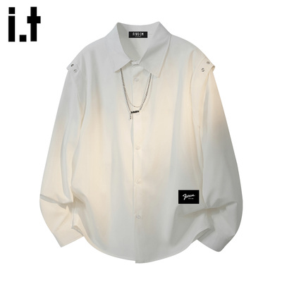 itfivecm白色假两件长袖衬衫衬衣
