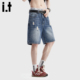 男士 子休闲五分裤 夏季 直筒宽松中裤 男 薄款 it:fivecm复古牛仔短裤