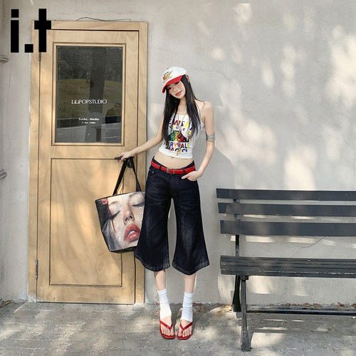 i.t美式复古微喇叭七分牛仔裤女
