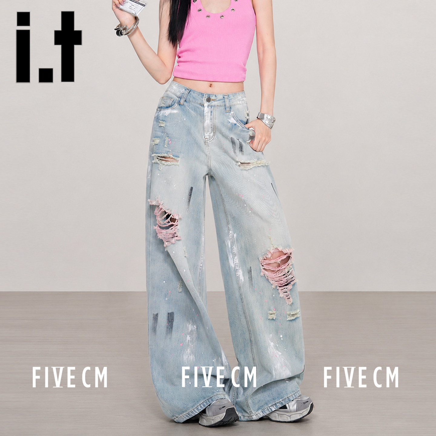 it5cm破洞高腰阔腿拖地牛仔裤女