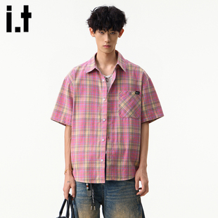 it:fivecm格子衬衫短袖男款休闲时尚粉色毛边少年感中性夏季外套