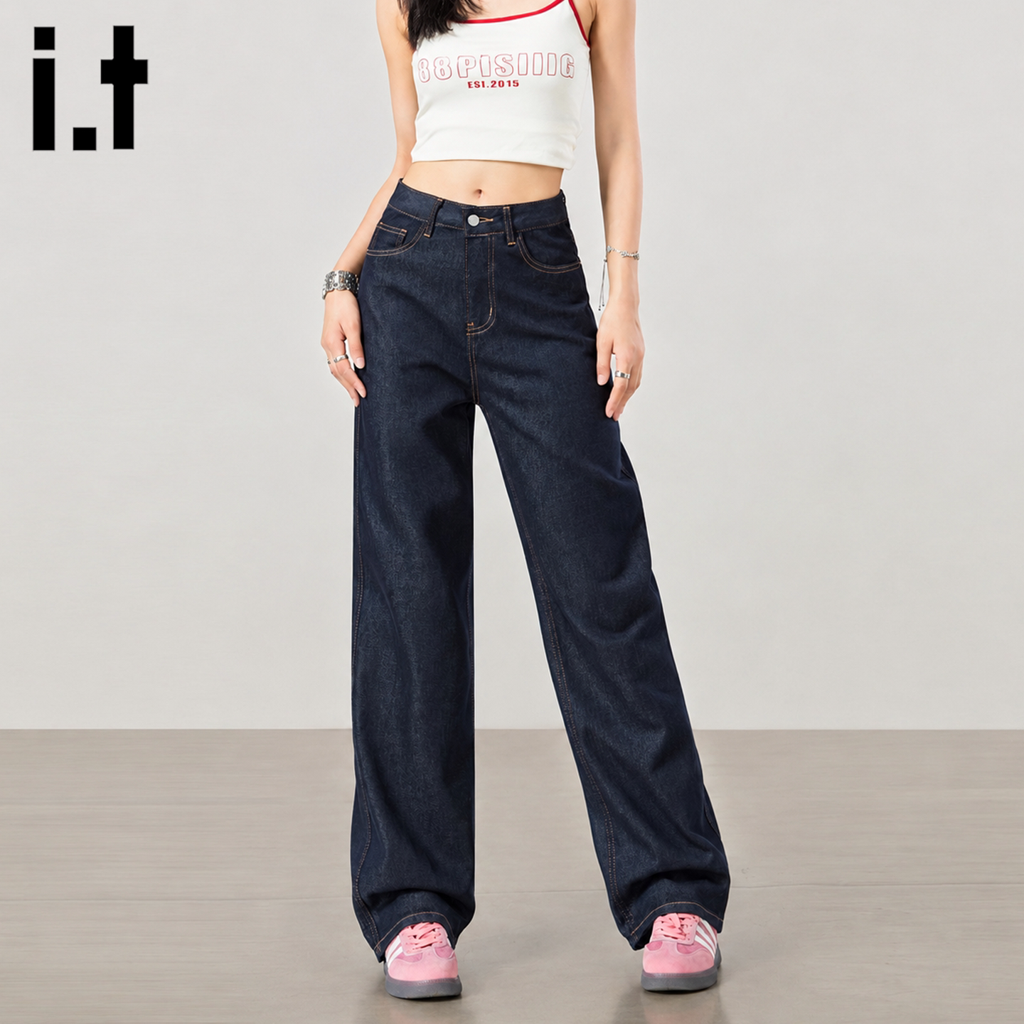 it5cm高腰深色阔腿牛仔裤女