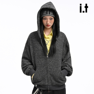 it：fivecm美式复古cleanfit连帽卫衣男士重磅慵懒风条纹开衫外套