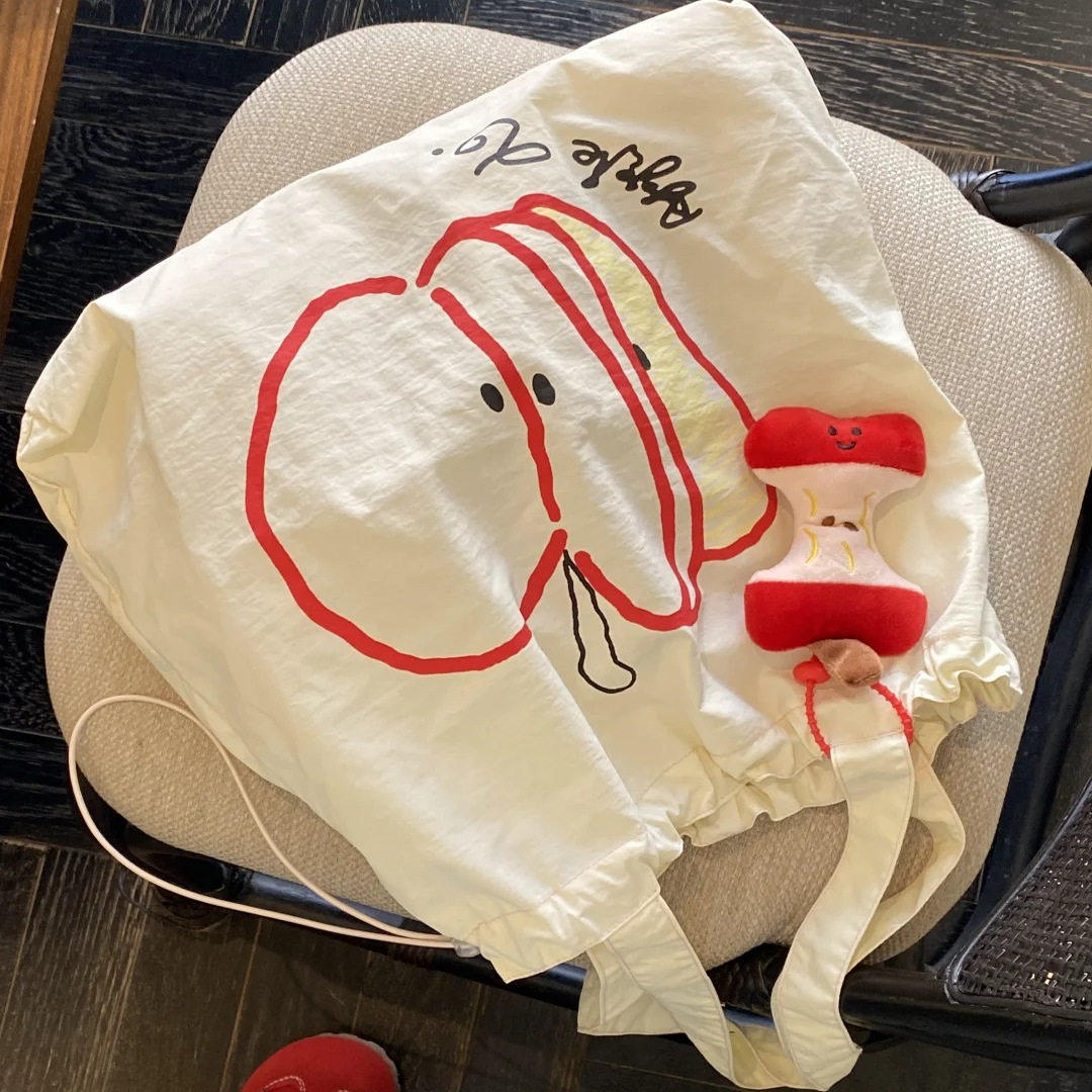 可爱苹果帆布包慵懒风印花女新款大容量单肩学生上班通勤休闲百搭