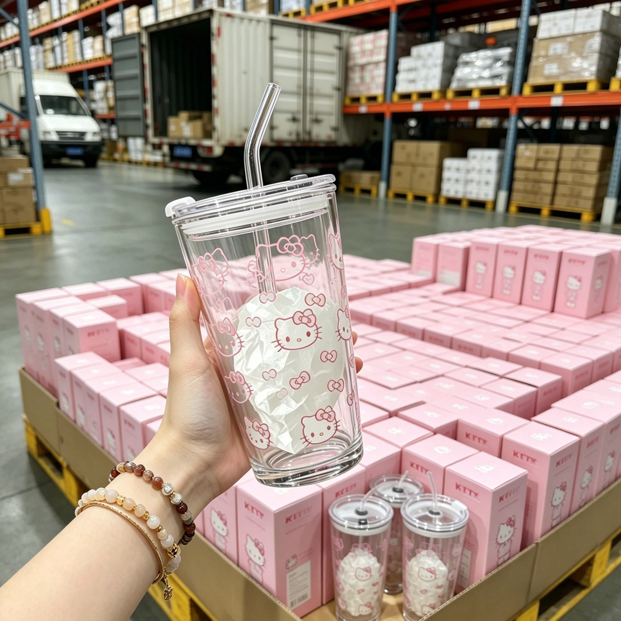 猫咪玻璃咖啡杯女士高颜值带盖家用办公室吸管水杯牛奶杯果汁杯