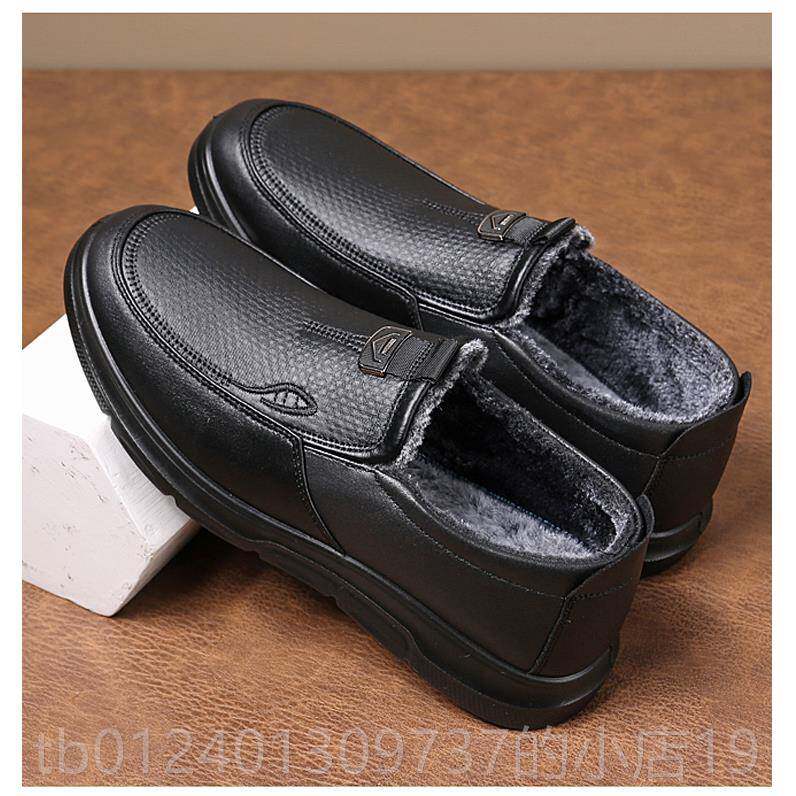 高档冬季新款北京二布鞋男薄绒鞋棉中老老年仿皮防水一脚蹬保暖爸