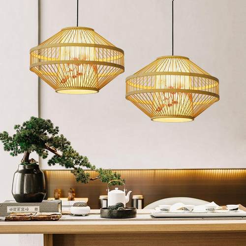竹编吊灯茶室灯具创意复古禅意饭店中式餐厅灯挑高客厅民宿客栈灯