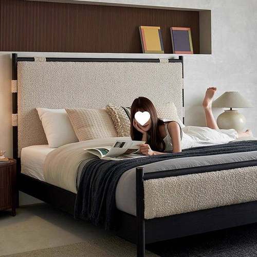 中木古风实布艺C107床床式主卧1.法8m蜡木双人床高脚高屏靠背雪酥