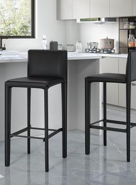 式奢马鞍皮吧台椅黑色皮艺IPJ高轻脚椅家高用意靠背前台脚凳意式