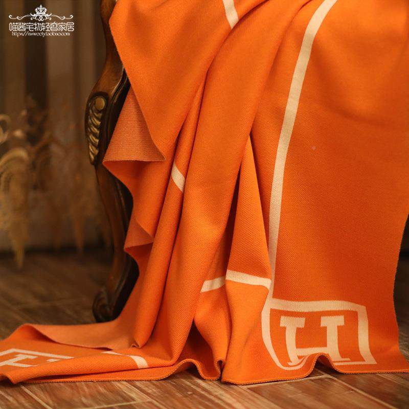 6B板毛76美式F76J6758轻奢H字母橙色经典羊混纺针织样闲床尾装饰