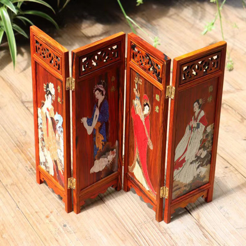 红酸枝四大美女小屏风摆件工艺品摆件梅兰竹菊木质折叠迷你古风