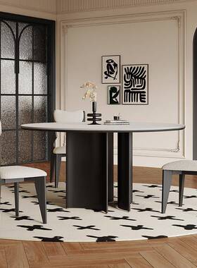 8V意实木圆形餐桌轻CZ-191奢式现代简8约小户型家用黑色复古岩人