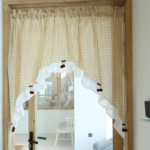 BL303村鸢尾旅美式乡樱子桃格半帘拱形门帘全棉免乡打孔穿杆幔头