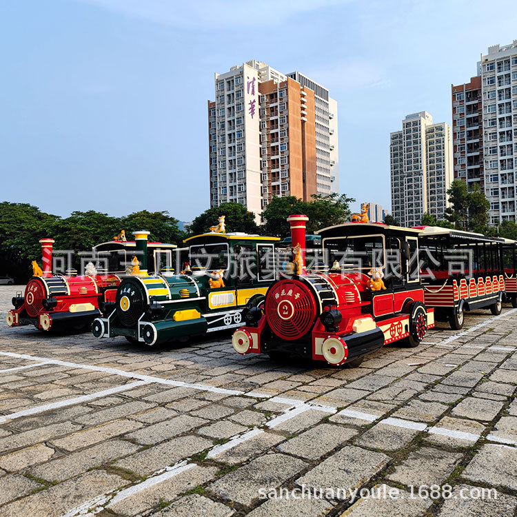 厂家景区商业街大型无轨观光火车售楼部看房车燃油电动观光列车