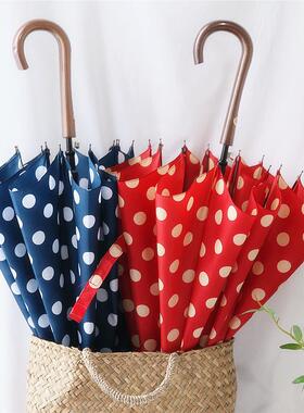 2杆V06晴雨AJA两用复古伞风红色波点圆点木质弯柄长柄伞伞直学生